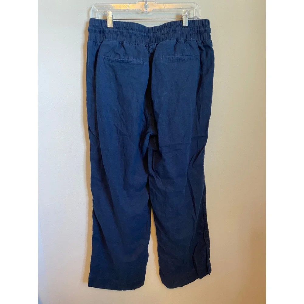 Quince Navy Blue 100% Linen Wide Leg Drawstring Elastic Waist Pants Womens L - Picture 5 of 5